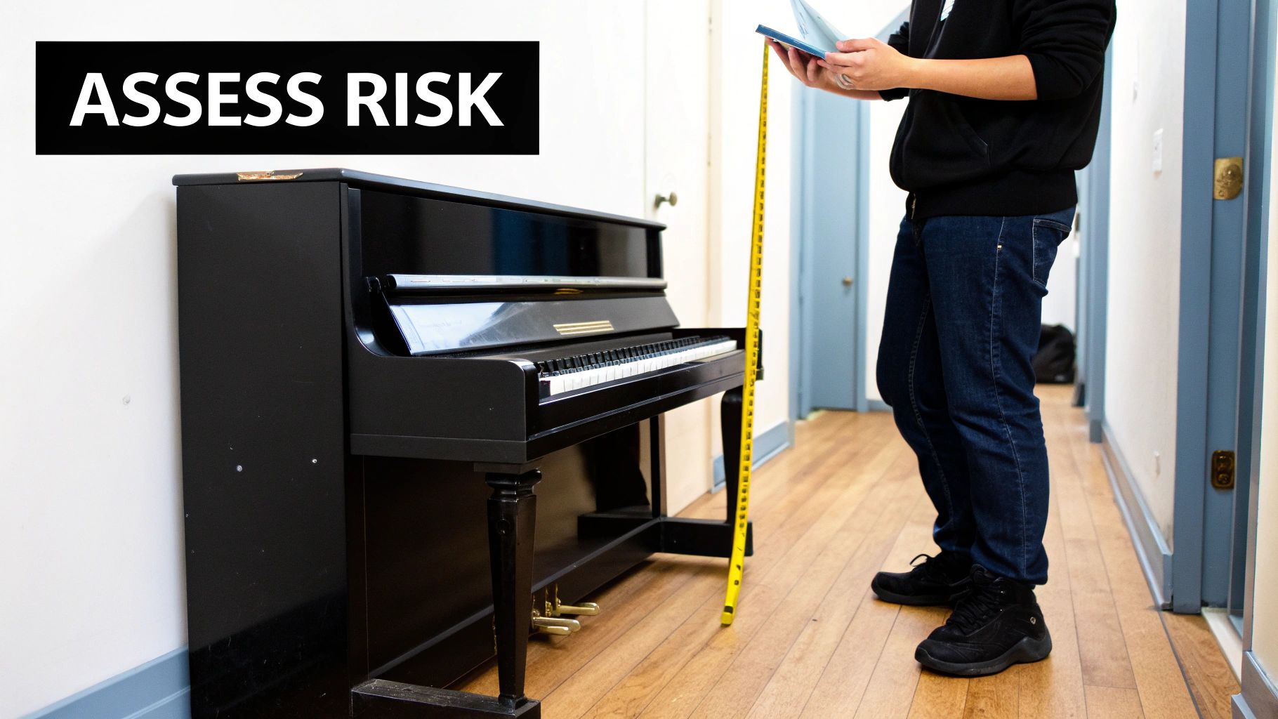 Person measuring the height of an upright piano with a yellow tape measure in a hallway, assessing moving risk.