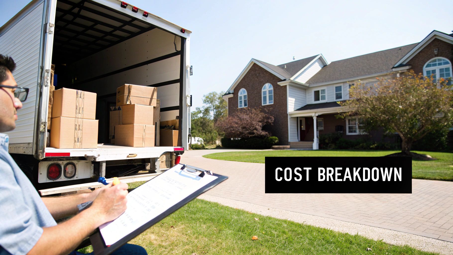 A man reviews a cost breakdown document in front of a moving truck and house.