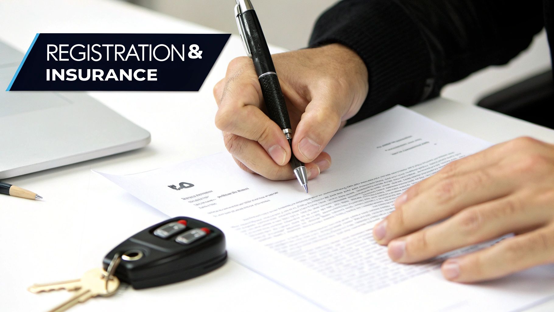 Person signing car registration and insurance documents on a desk with car keys and a laptop.