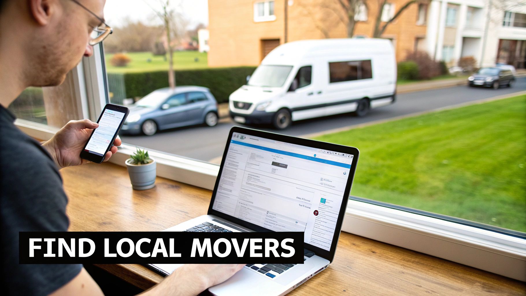 Person using laptop and smartphone to search and compare local moving companies online
