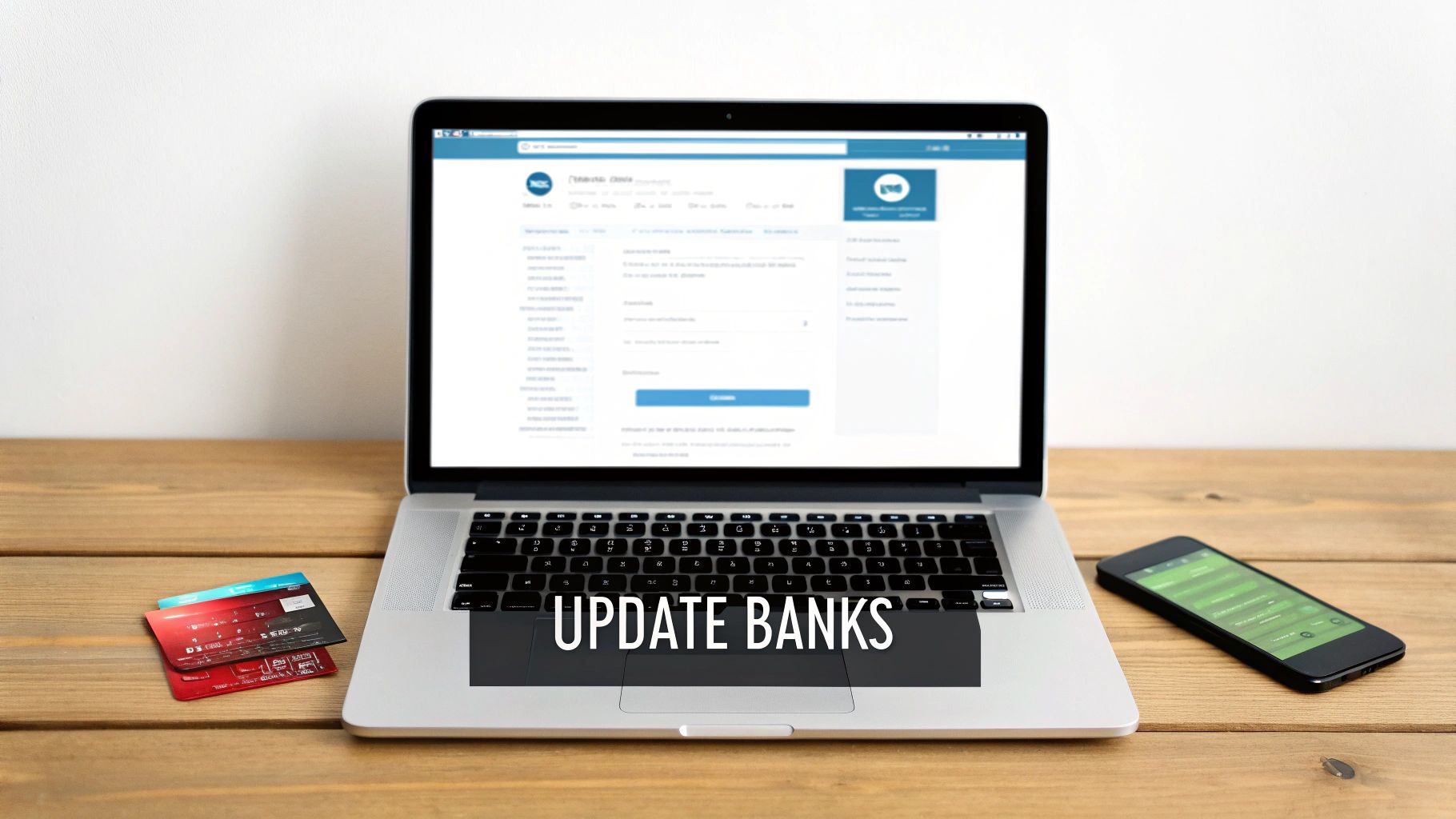 A laptop displaying a banking website next to credit cards and a smartphone on a wooden desk.