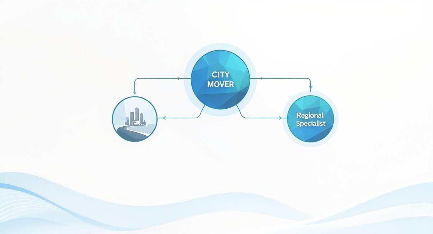 City Mover connecting with Regional Specialist through bidirectional workflow diagram illustration