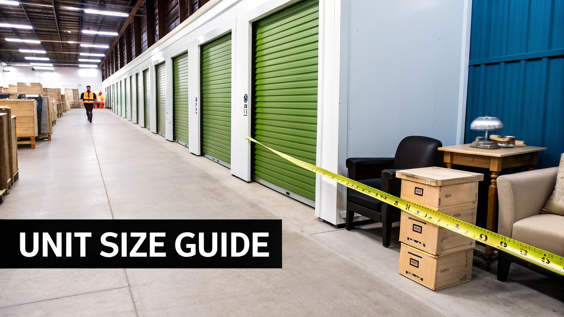 A person standing in front of several rows of different-sized storage units.