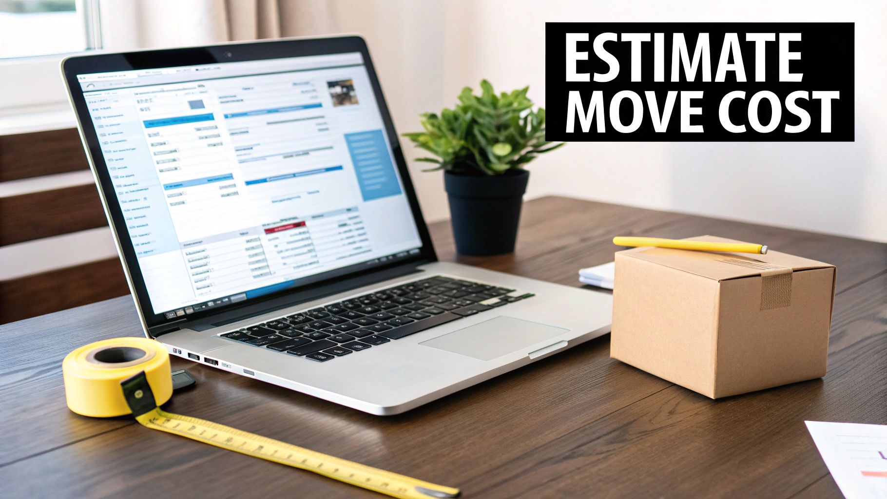 A desk with a laptop, measuring tape, and moving box, highlighting 'ESTIMATE MOVE COST'.