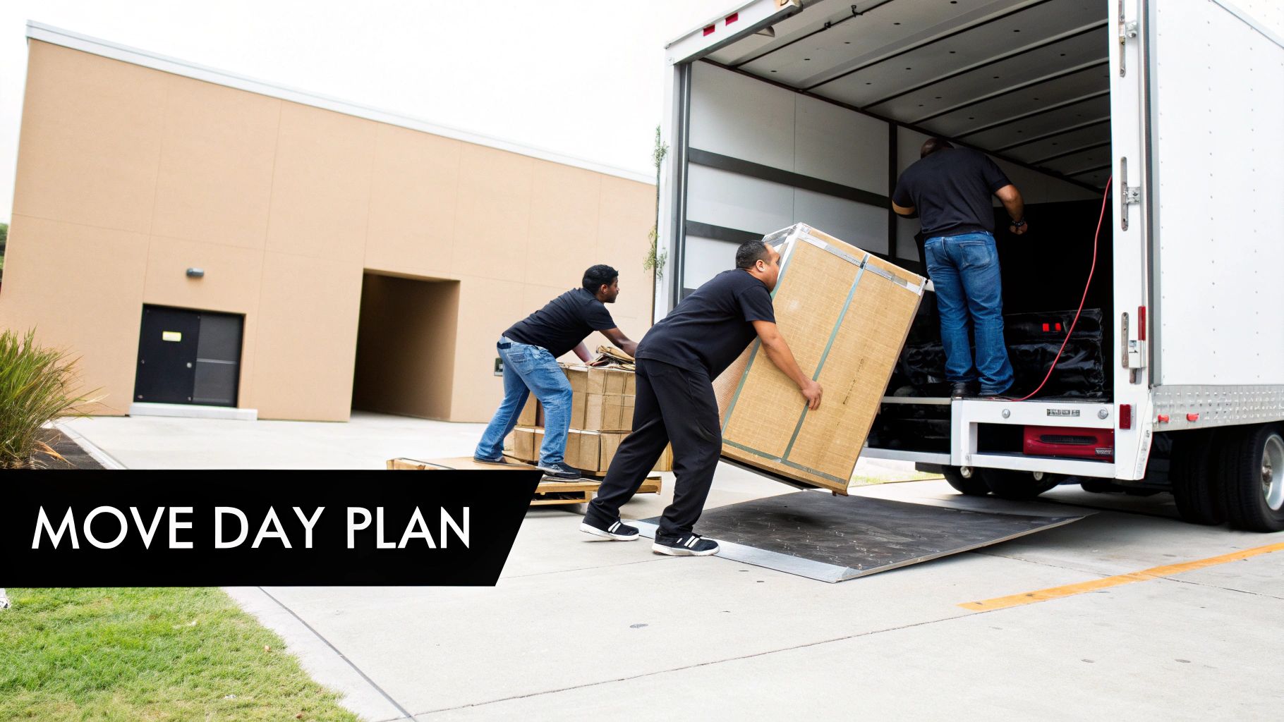 Three men load large boxes and items onto a moving truck using a ramp on move day.