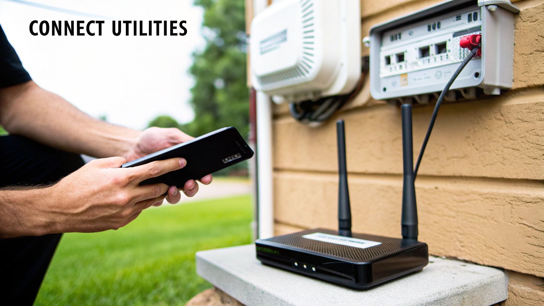 A person connects a black internet router near utility boxes on a house wall with a smartphone.