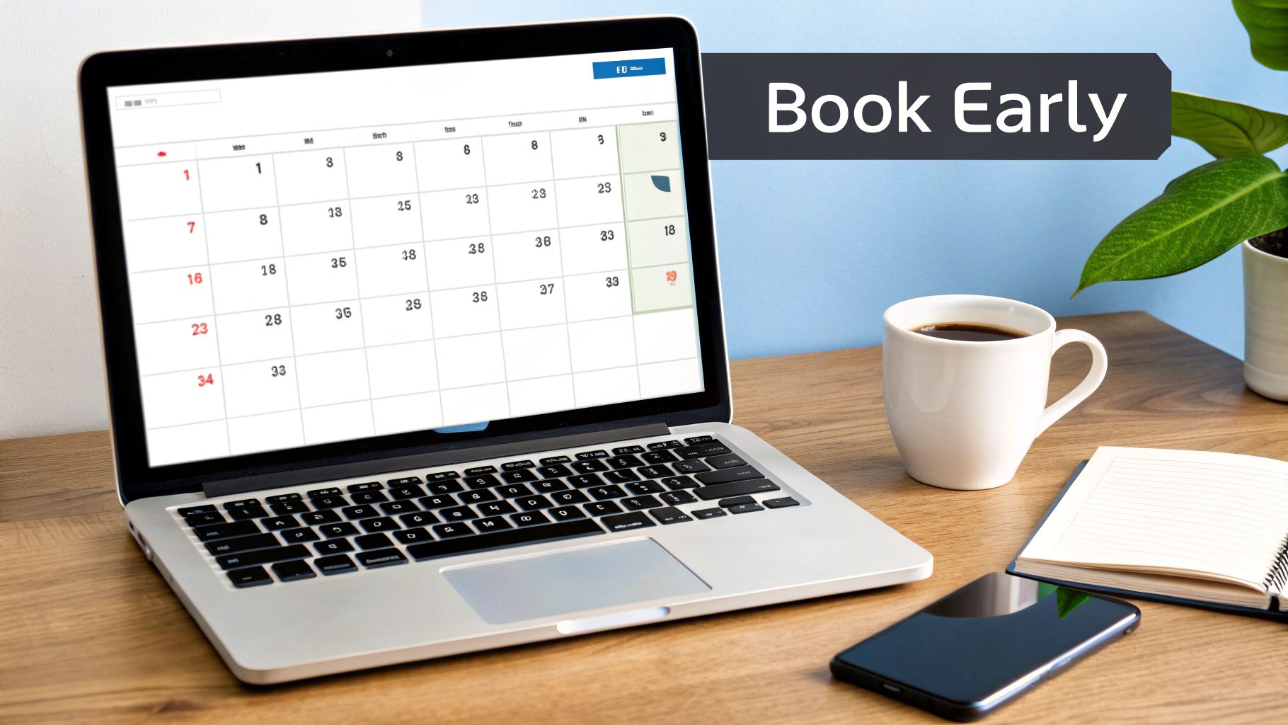 A laptop displaying a calendar with 'Book Early' banner, coffee, phone, and notebook on a desk.