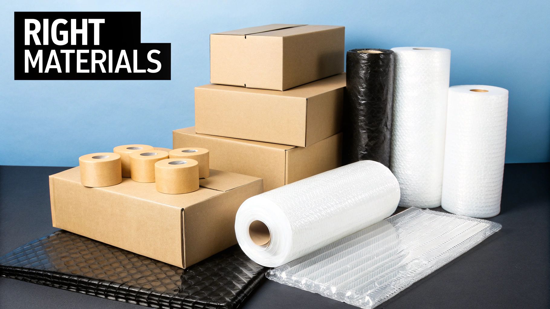 A collection of small, sturdy cardboard boxes and packing paper ready for use.