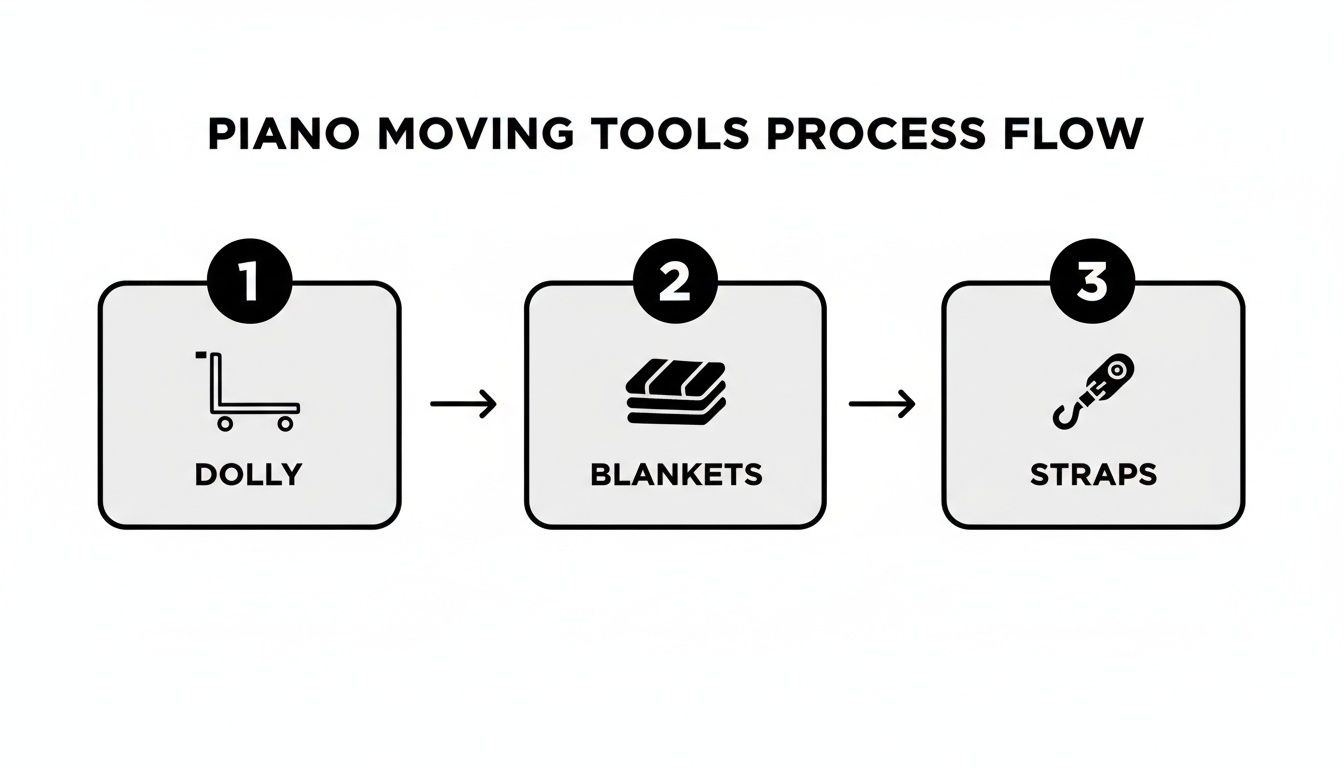 A process flow diagram illustrating essential piano moving tools: dolly, blankets, and straps.