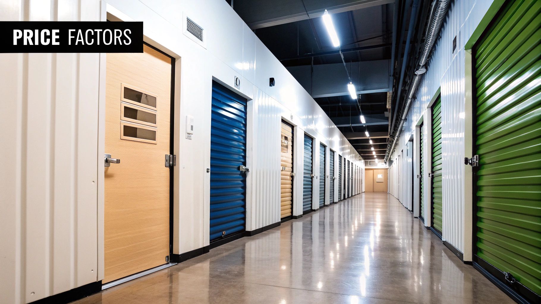 A secure storage facility with rows of clean, numbered unit doors.