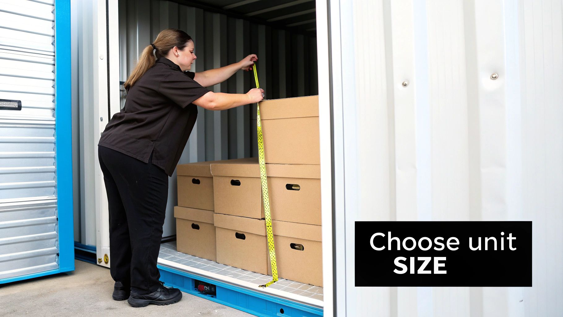 A woman uses a tape measure to check the height of stacked boxes in a storage unit.