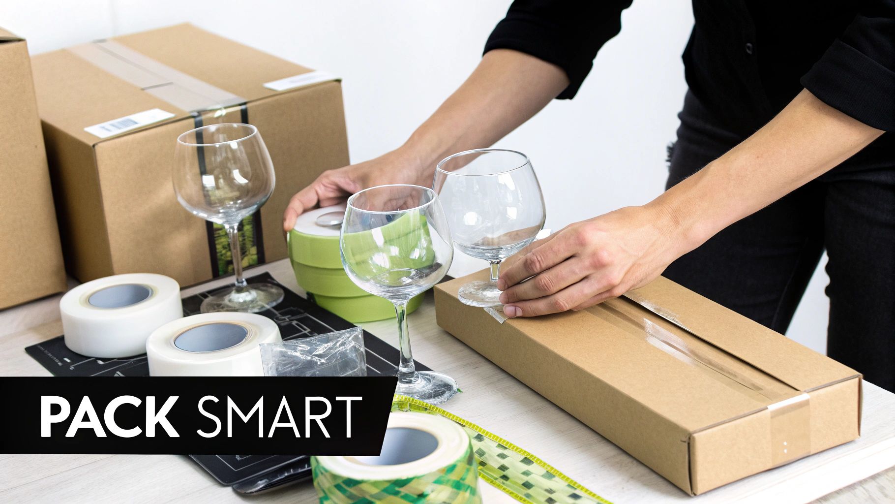 Woman packing a moving box with bubble wrap and plates