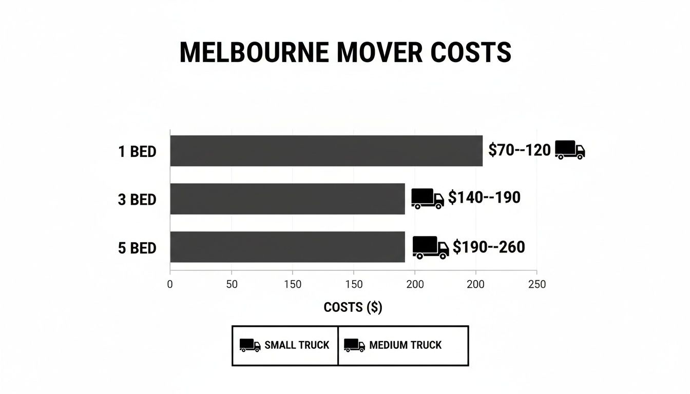 Bar chart illustrating Melbourne mover costs for 1, 3, and 5 bedrooms, showing price ranges for small and medium trucks.