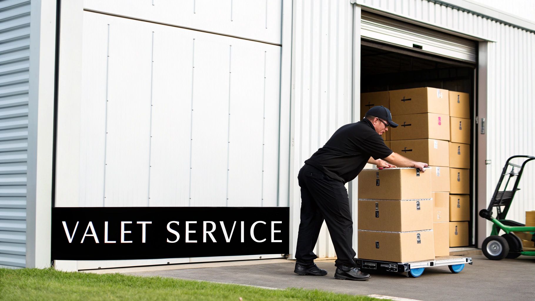 A man in black uniform uses a cart to move cardboard boxes into a storage unit with a 'Valet Service' sign.