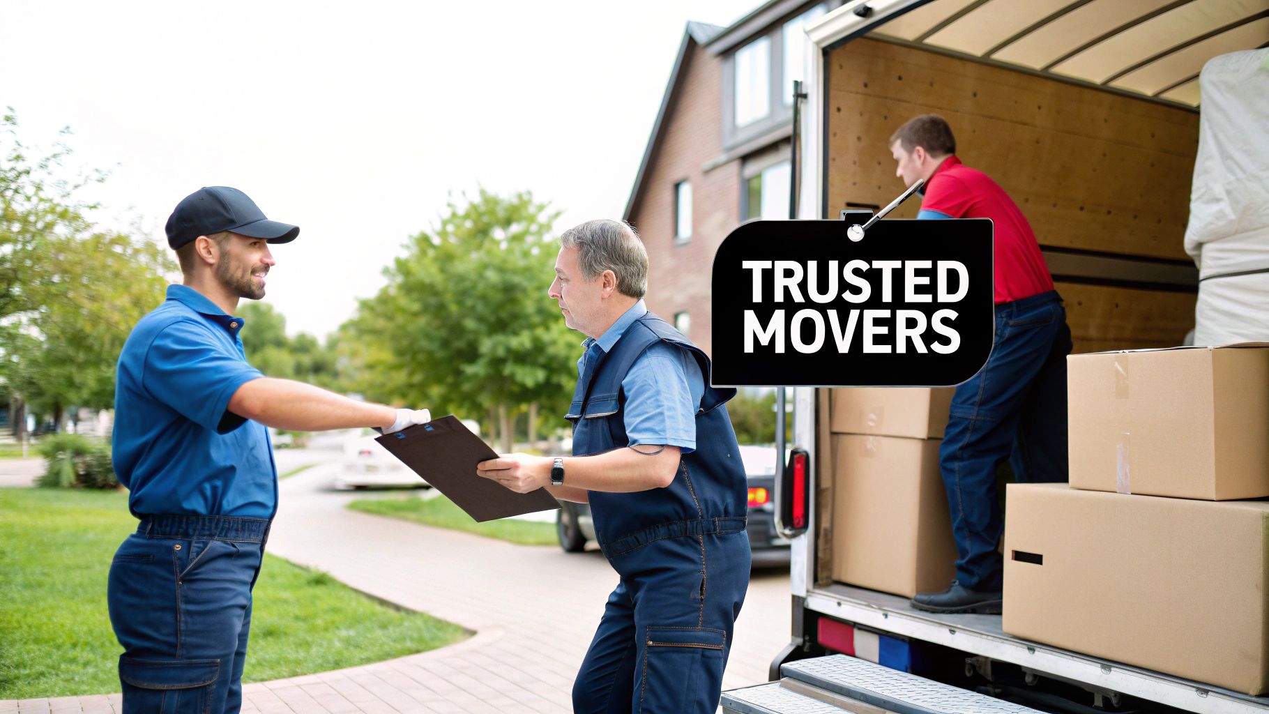A professional removalist smiling and holding a box, ready to help with an interstate move.