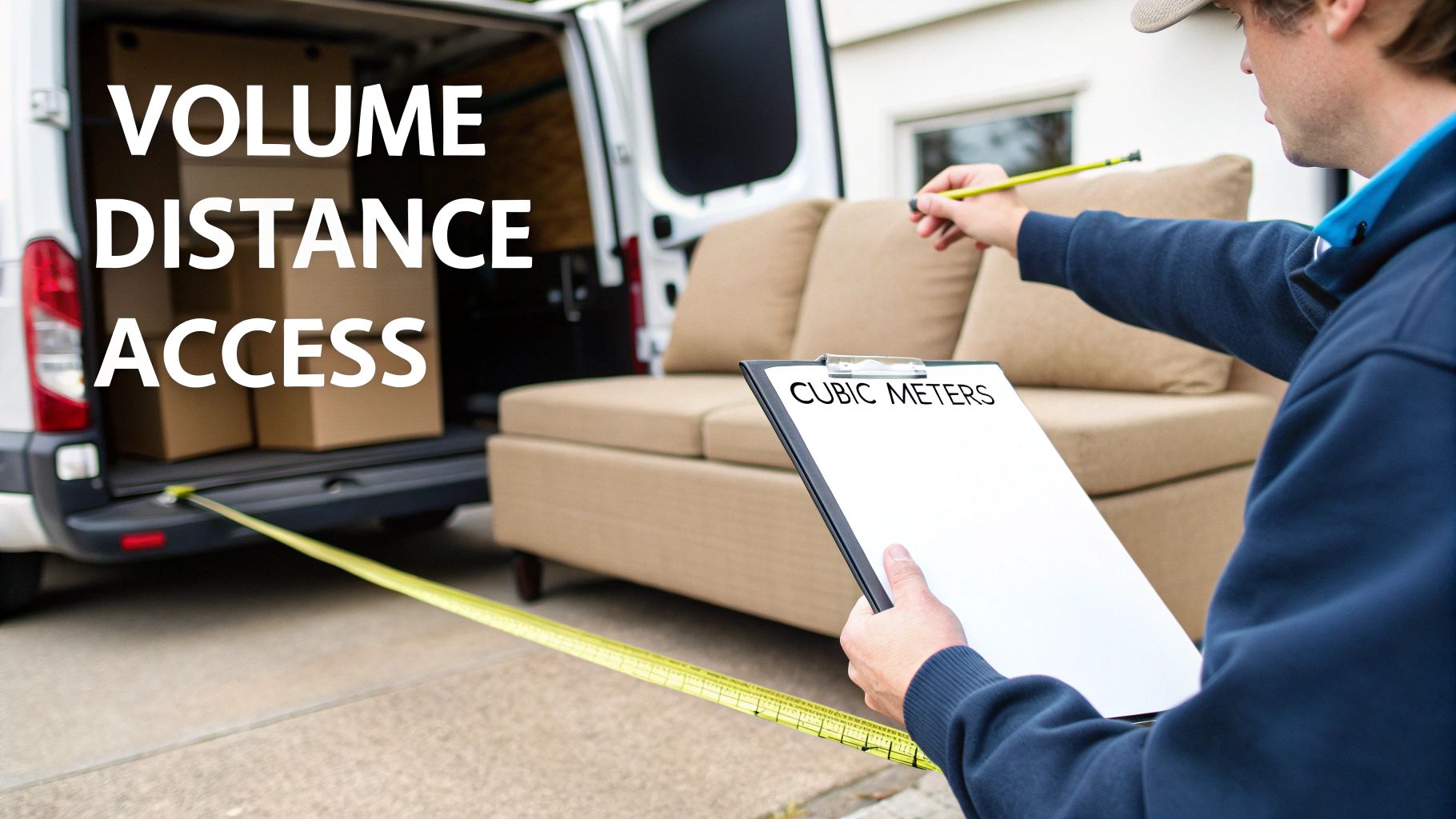 A man measures a couch and boxes with a tape measure, holding a clipboard for calculating cubic meters.