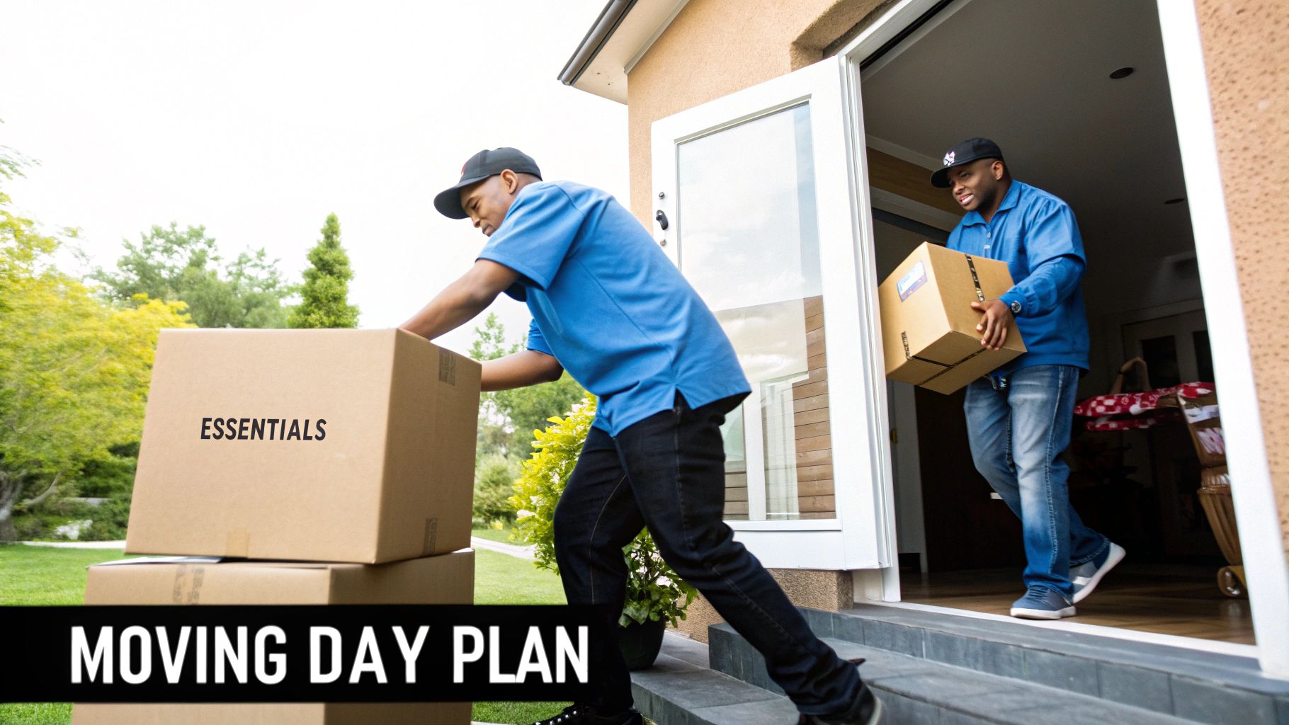 People packing moving boxes in a well-lit living room.