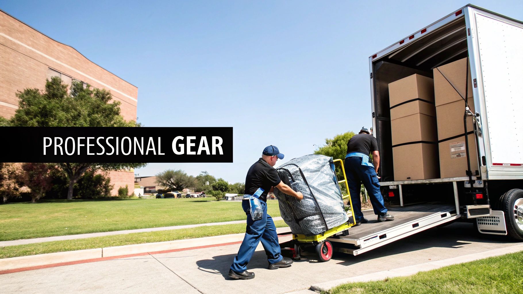 A professional removalist carefully loading a moving truck with furniture.