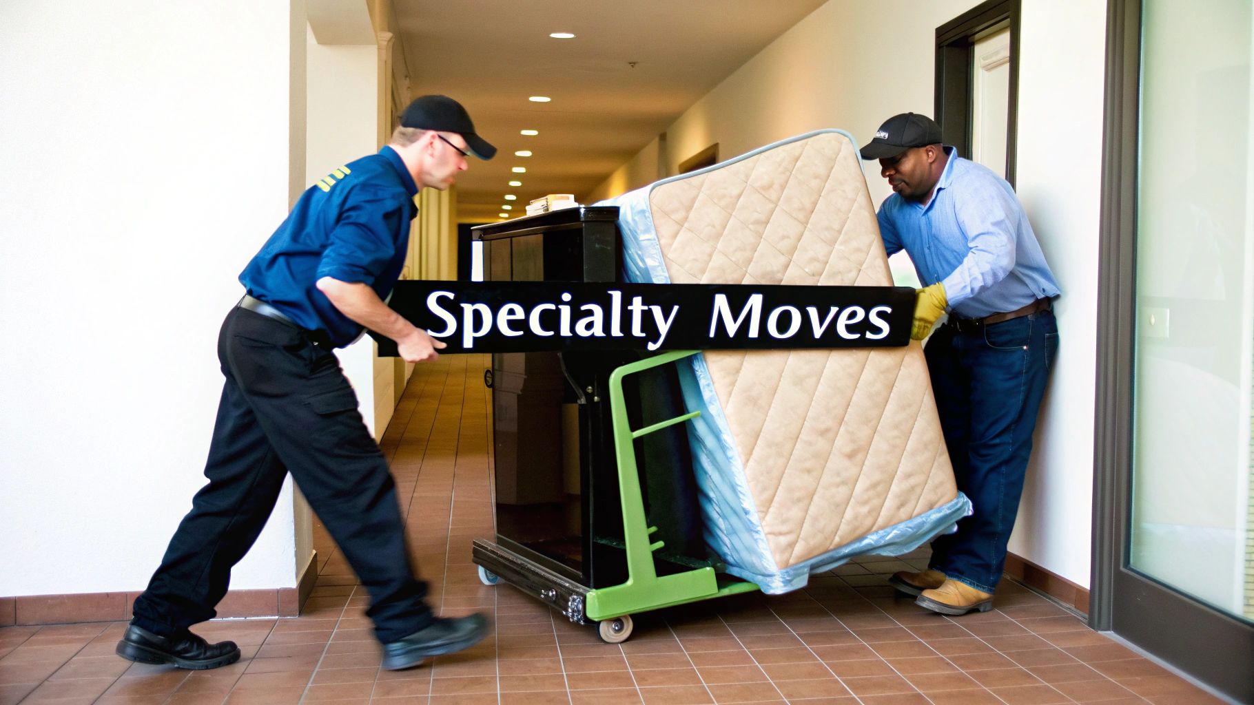 A professional mover carefully wrapping a piece of delicate furniture.