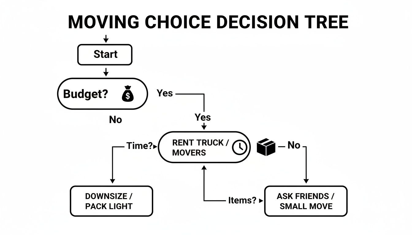Decision tree flowchart for moving, showing options based on budget, time, and number of items.