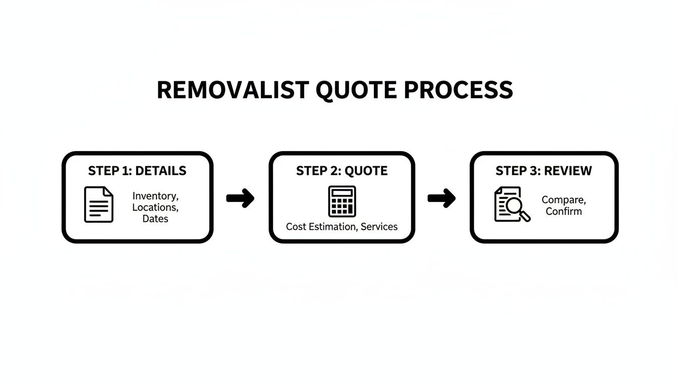 A three-step flowchart illustrating the removalist quote process: details, quote estimation, and review.