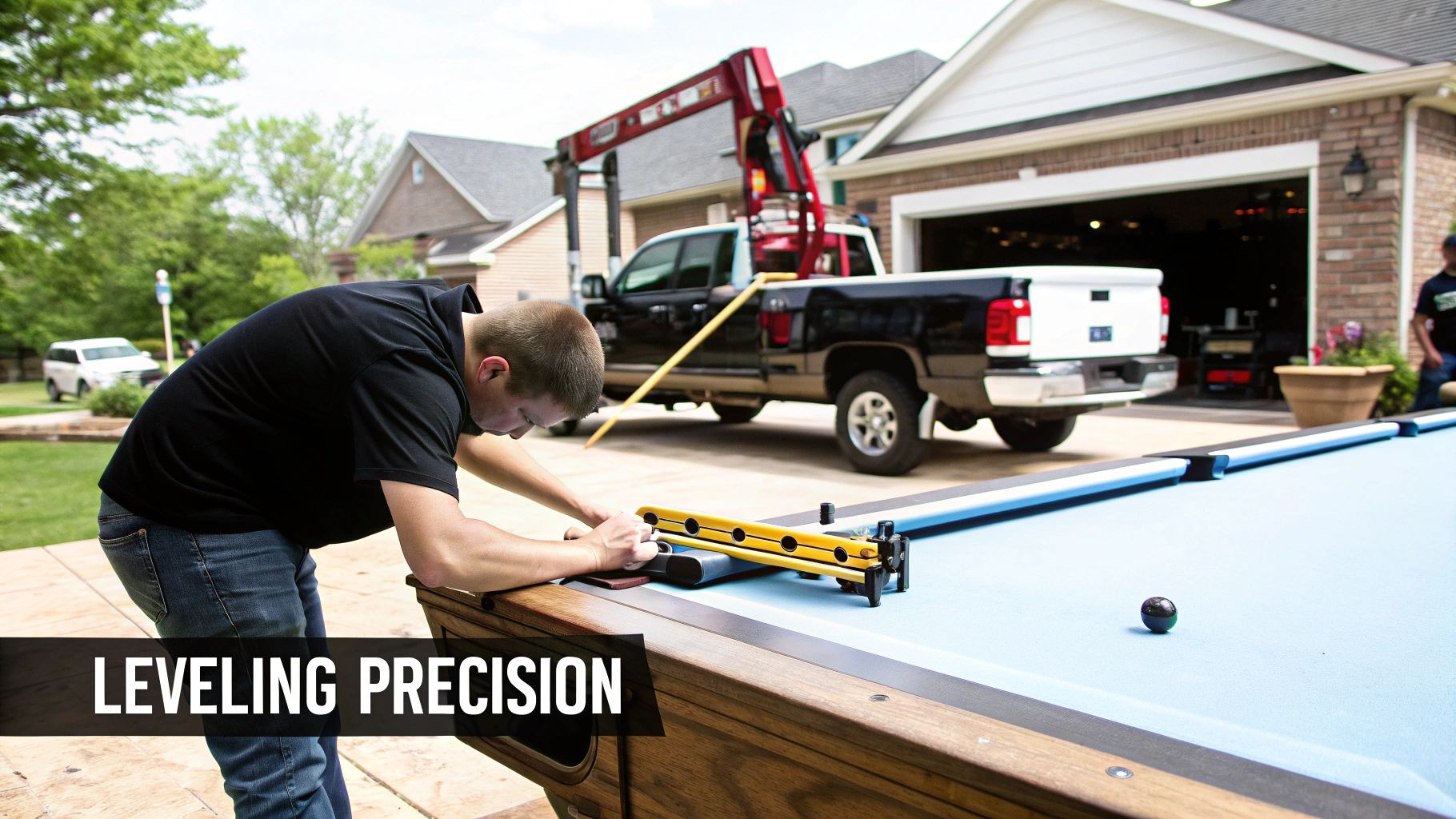Man precisely leveling an outdoor pool table with a specialized tool and a moving truck nearby.
