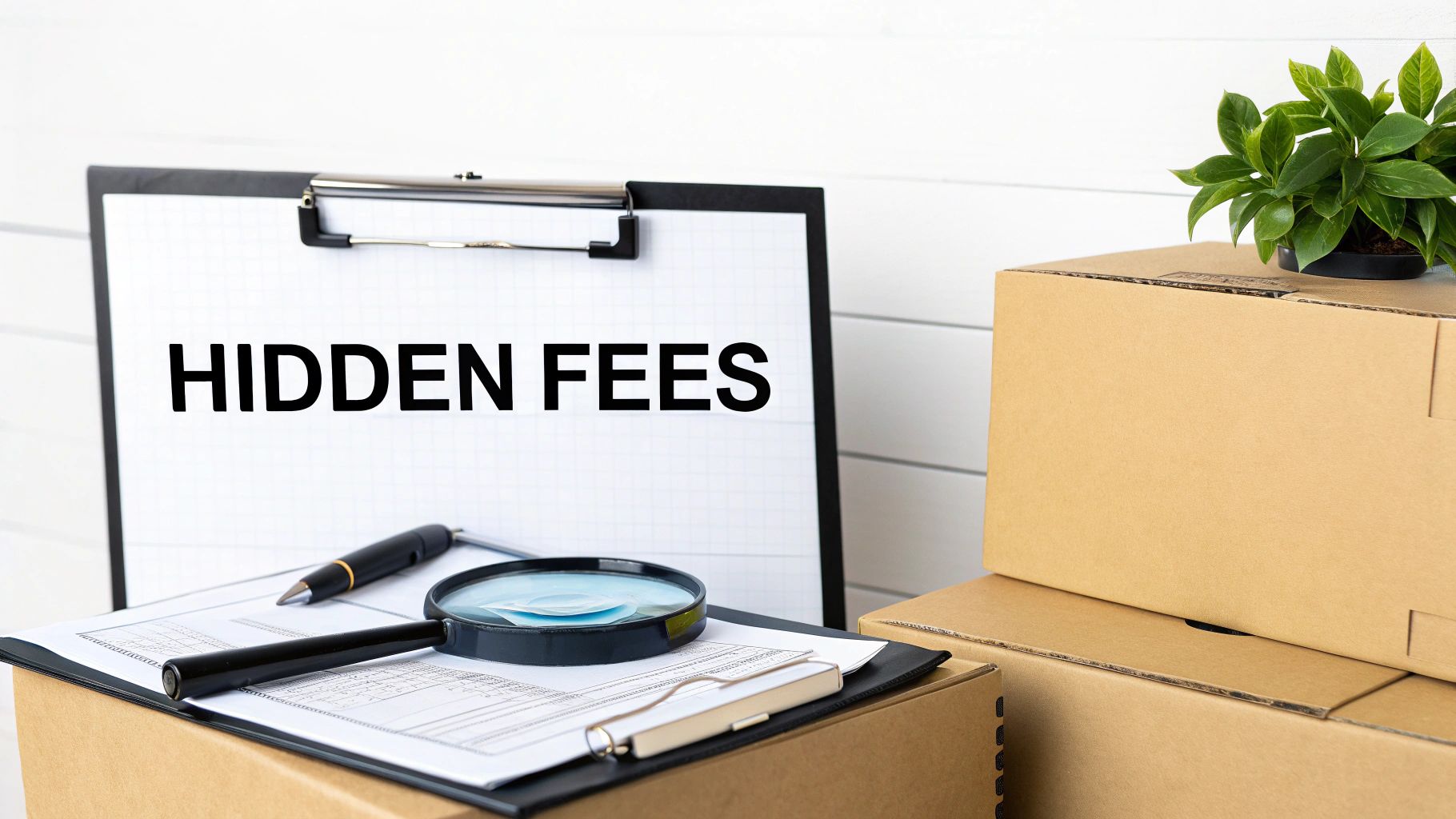 Clipboard with 'HIDDEN FEES' text, a magnifying glass, and moving boxes on a white background.