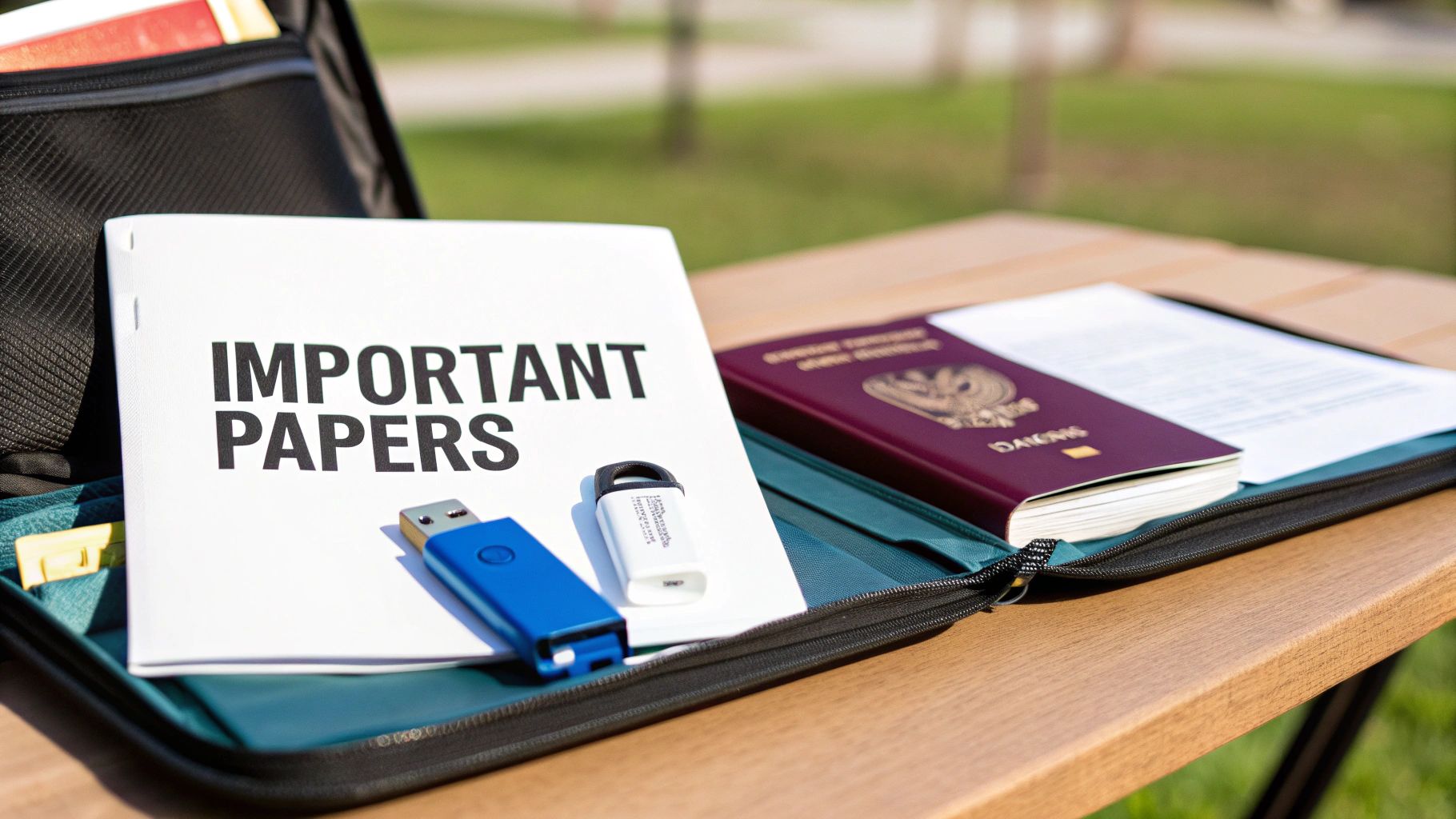 Important documents, a passport, and USB drives are organized in a folder on a table.