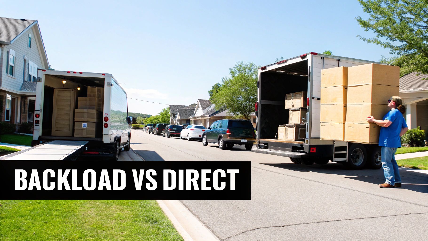Two moving trucks on a residential street, one loading boxes, illustrating backload vs direct moving.