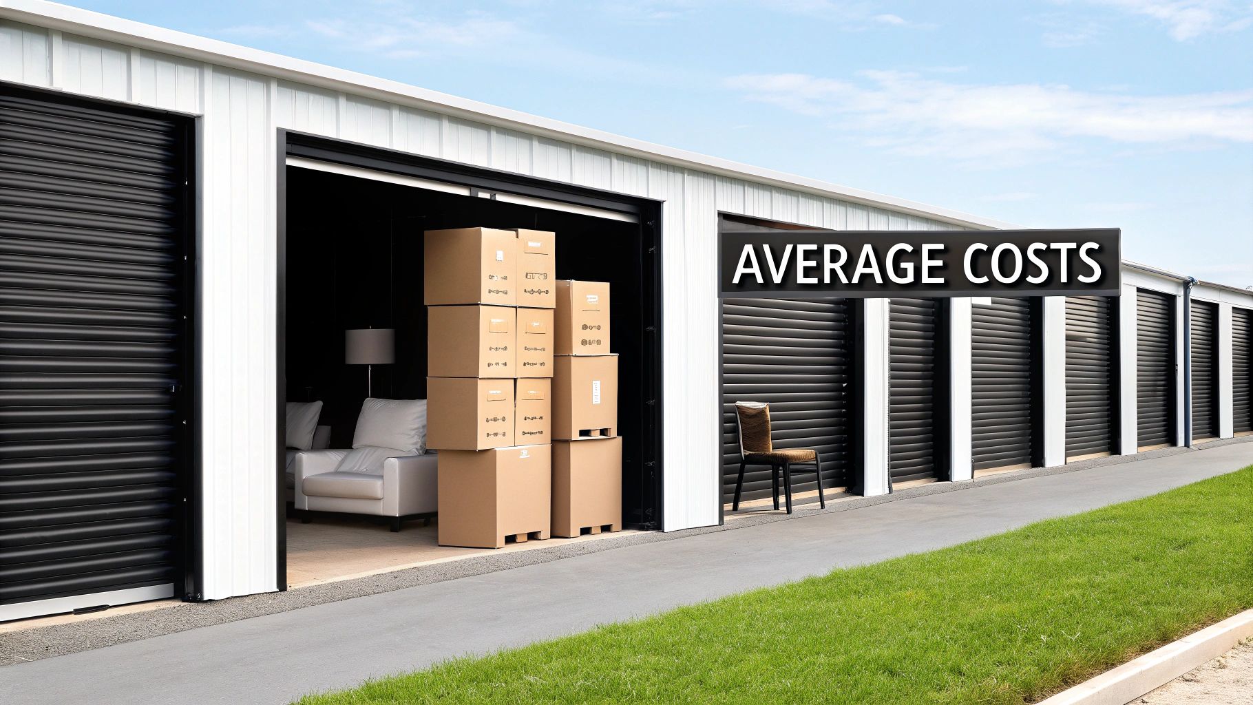 A row of self-storage units, one open showing moving boxes and furniture, under a sign 'AVERAGE COSTS'.