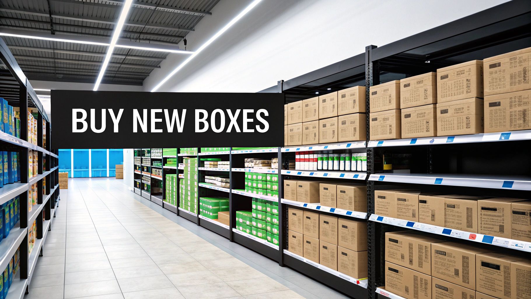 A wide aisle in a store with shelves stacked high with various new boxes for storage or moving, featuring a 'BUY NEW BOXES' sign.