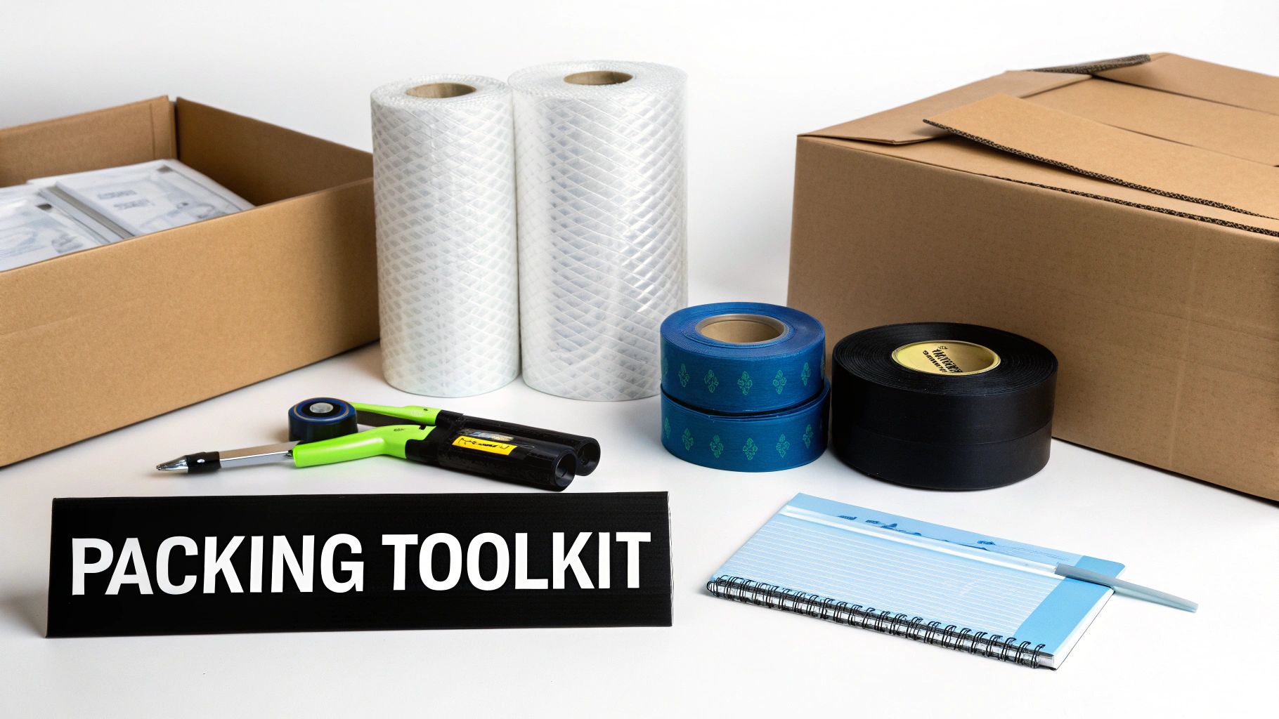 A comprehensive packing toolkit featuring cardboard boxes, tape, protective wrap, a utility knife, and a notebook for moving.