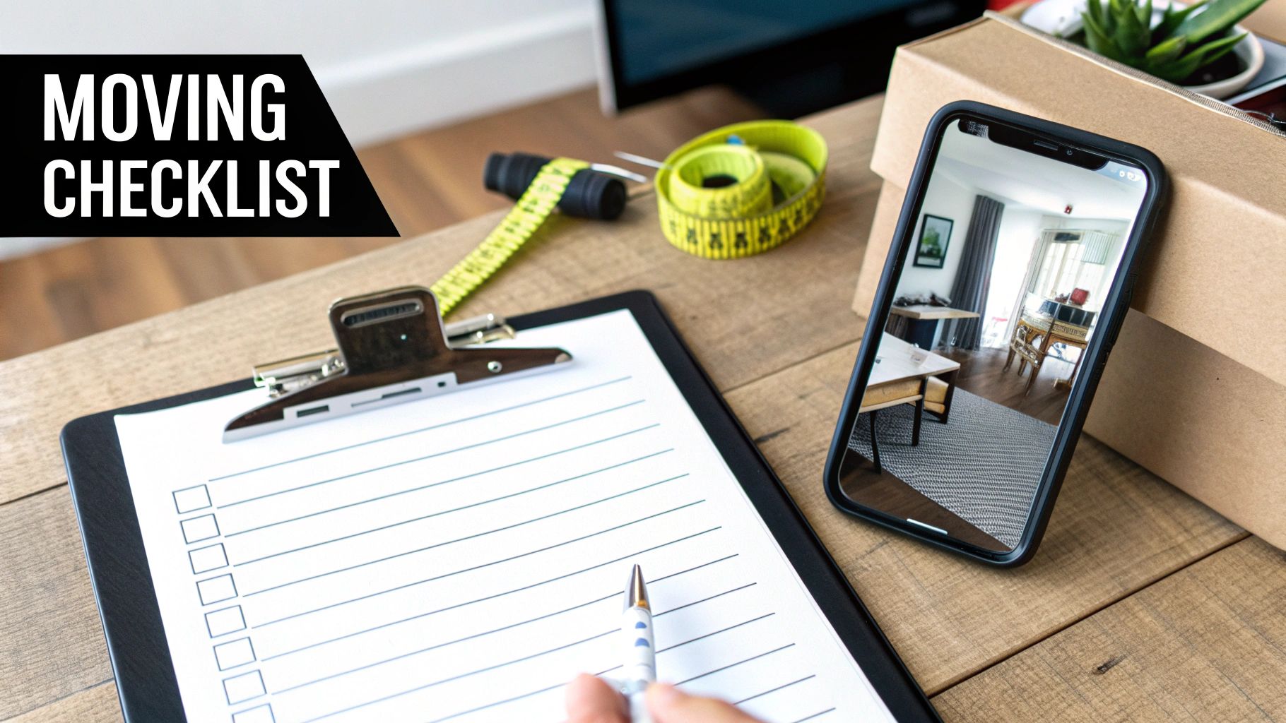 A moving checklist on a clipboard with a pen, measuring tape, smartphone showing a room, and a moving box.
