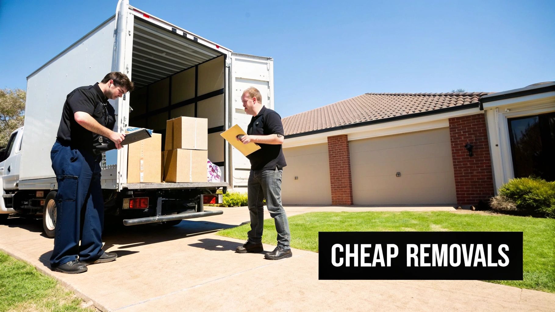 Two men, possibly movers, are organizing cardboard boxes at the back of a moving truck.