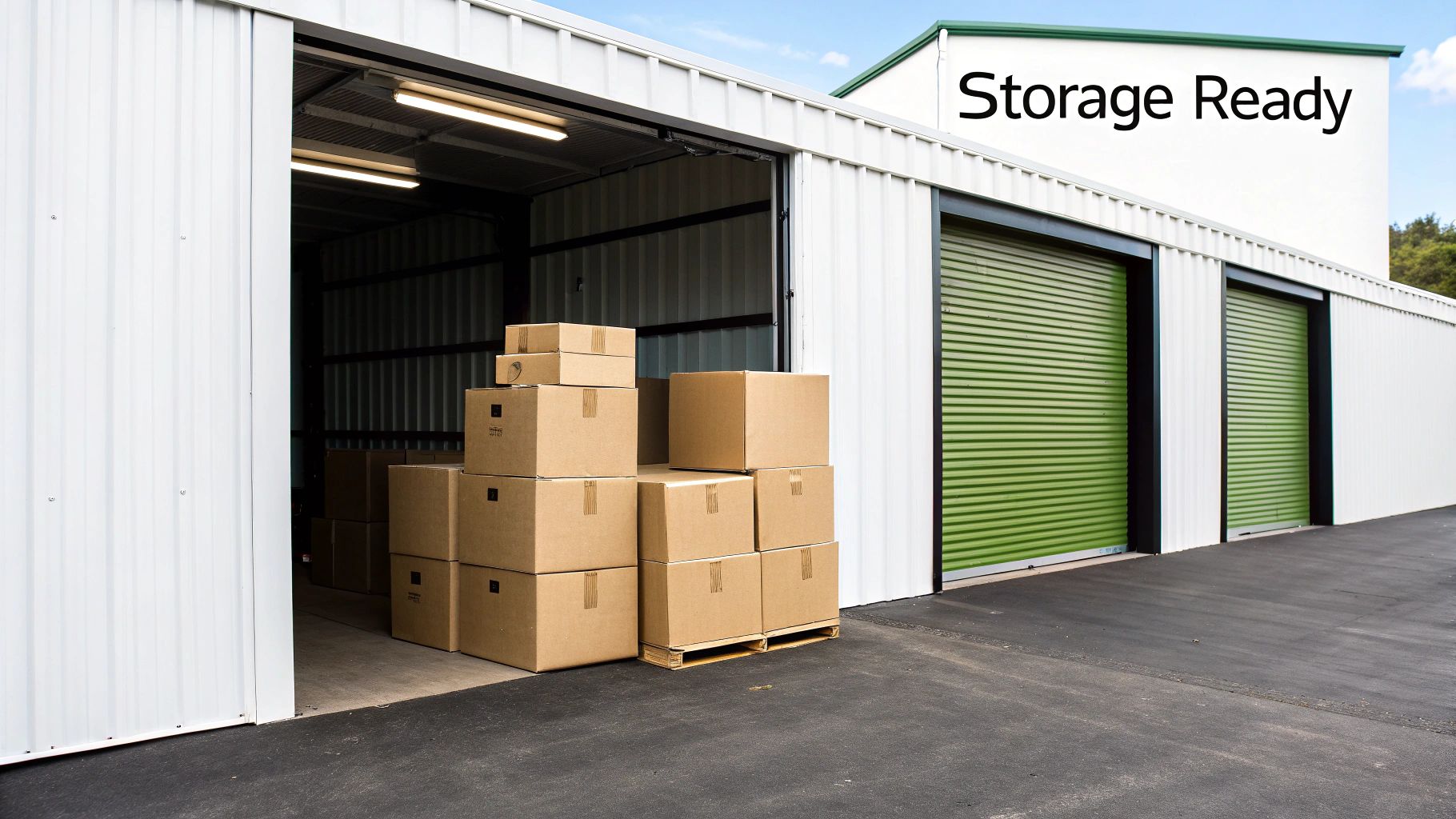 An open self-storage unit filled with stacked moving boxes, next to green roll-up doors.
