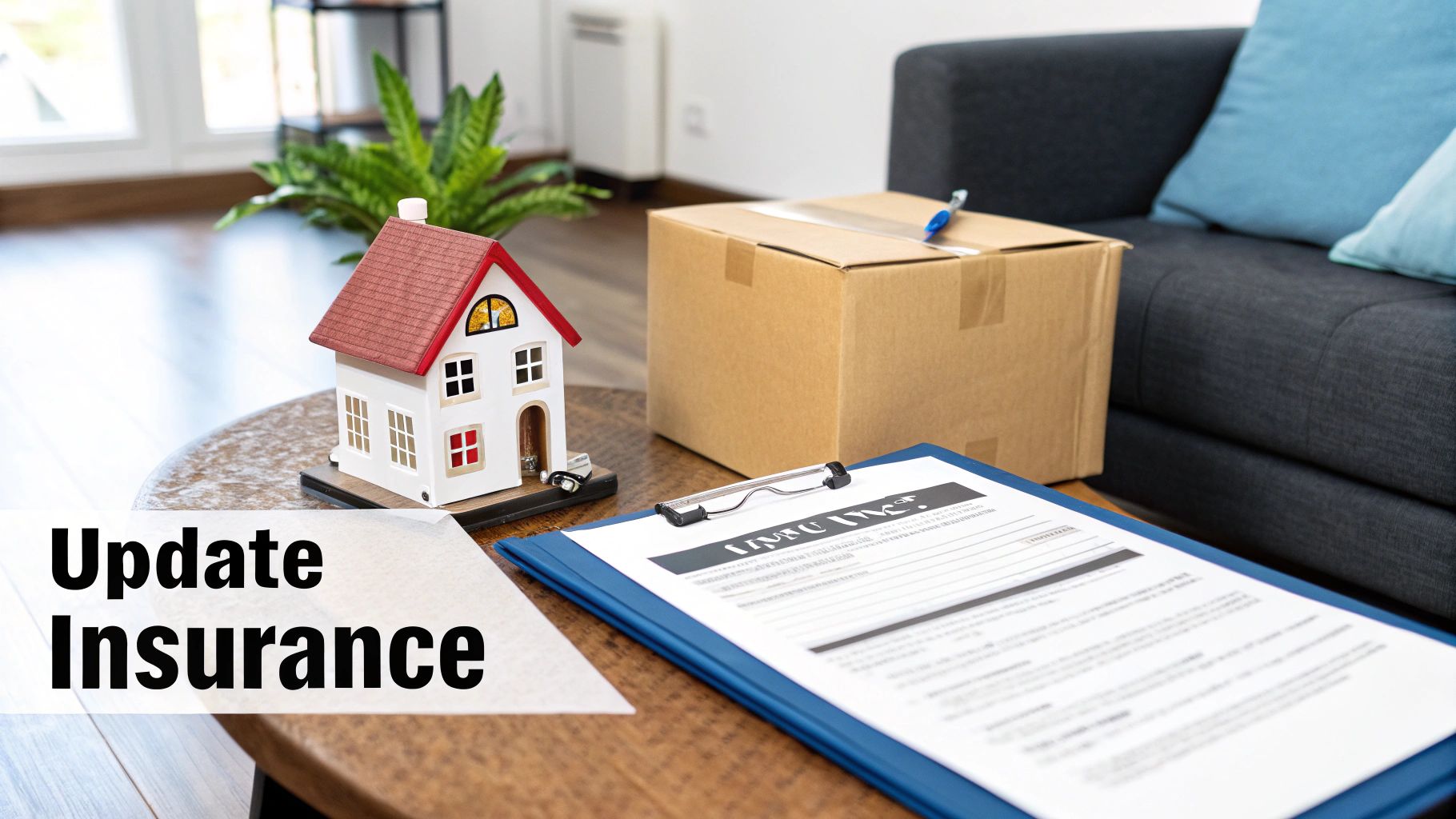Miniature house, moving box, and insurance document on a table, symbolizing updating home insurance.
