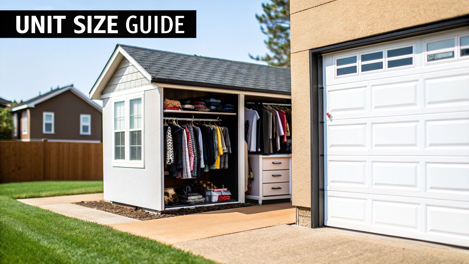 A neatly packed storage unit with boxes and furniture.