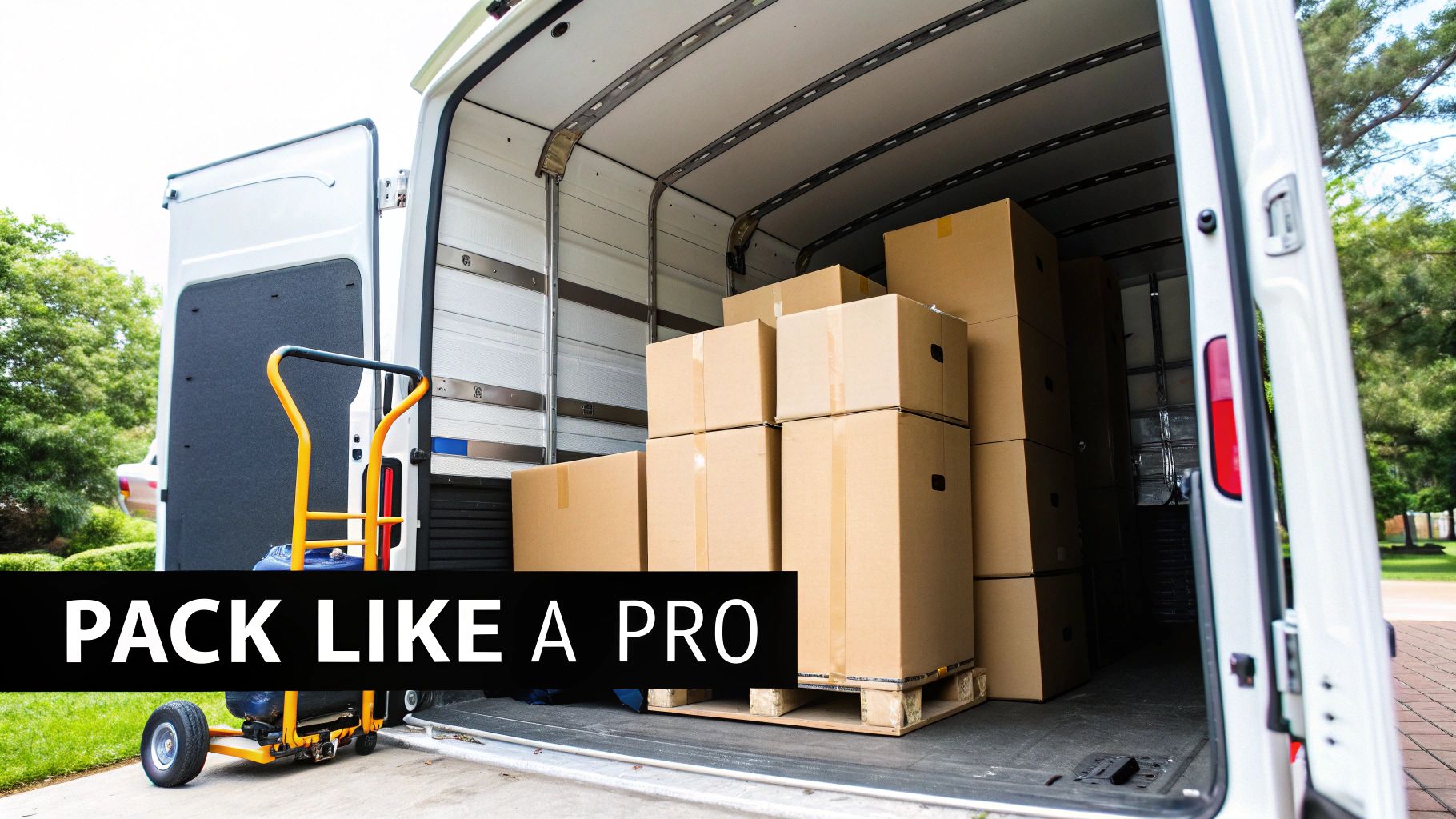A white moving van with its back doors open, loaded with many stacked cardboard boxes.