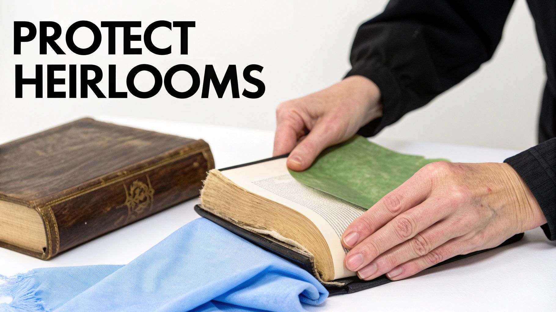 An antique leather-bound book being carefully handled.
