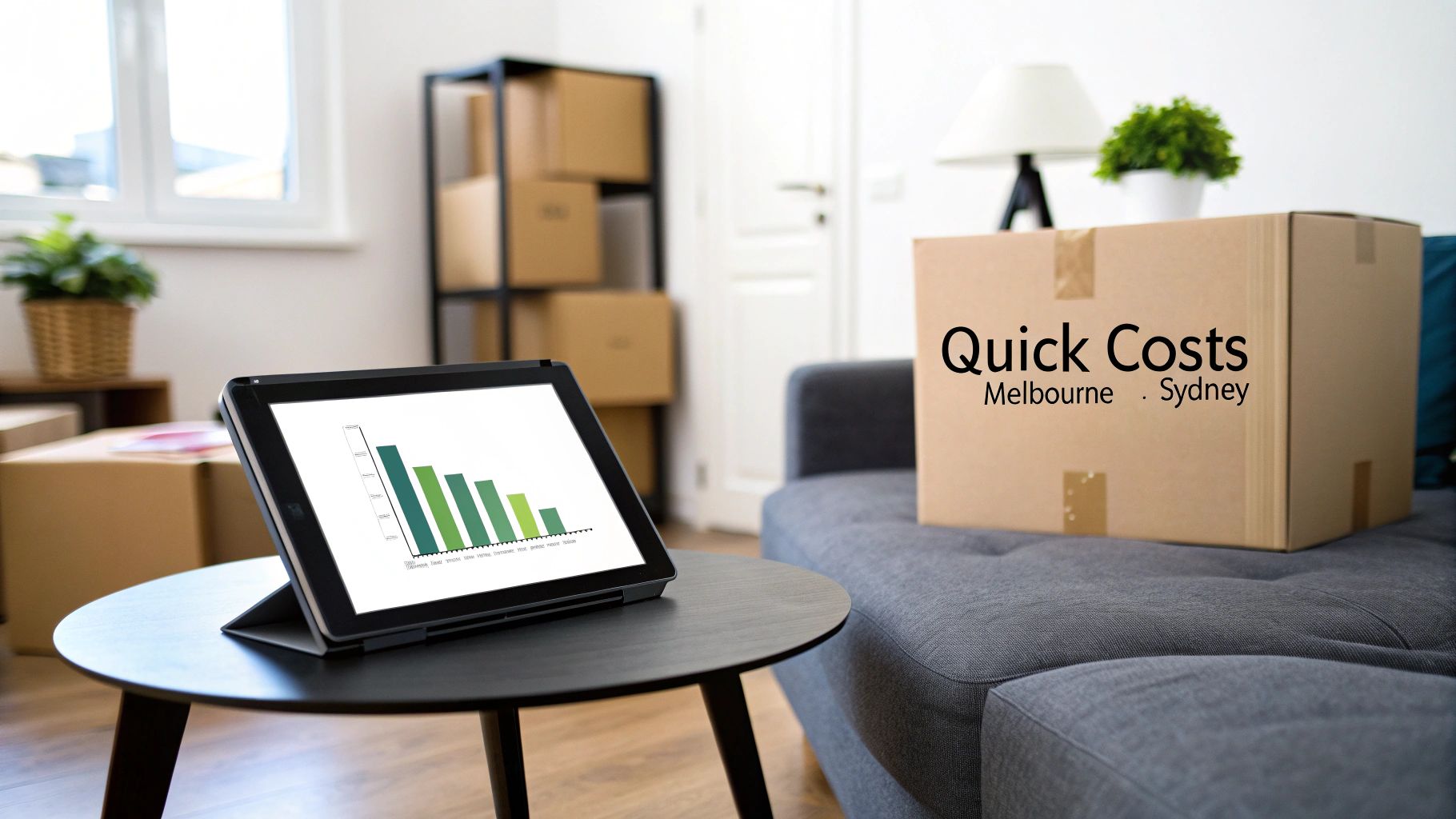 Tablet displaying a bar chart, moving boxes, and a couch, illustrating relocation cost analysis.