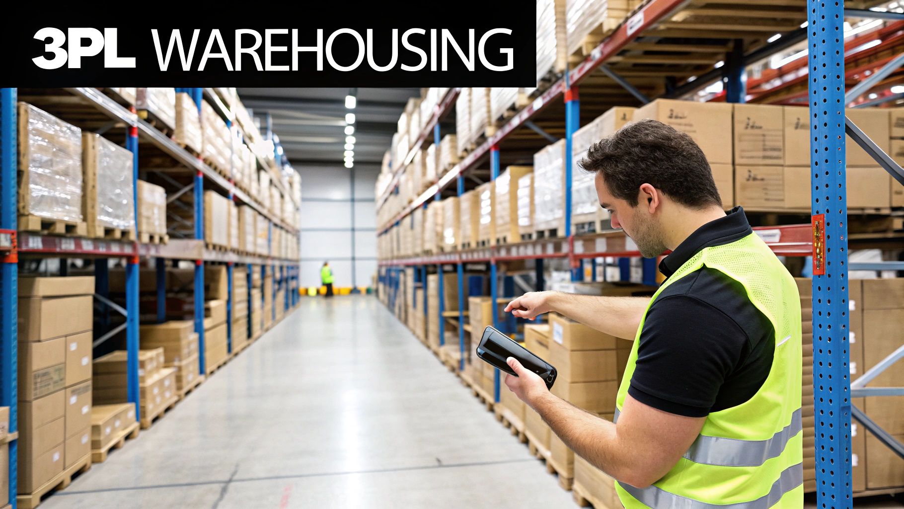 A worker in a high-visibility vest uses a handheld scanner in a large 3PL warehouse, surrounded by shelves stocked with boxes.