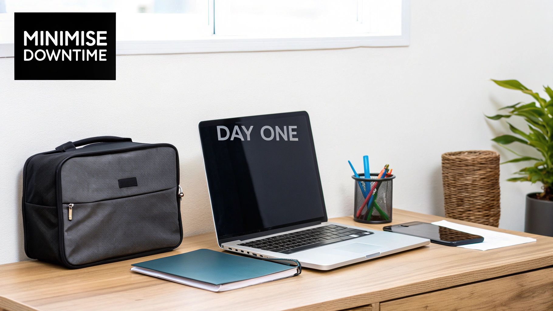 A desk with a laptop displaying 'DAY ONE', a work bag, stationery, and a phone, suggesting a fresh start.