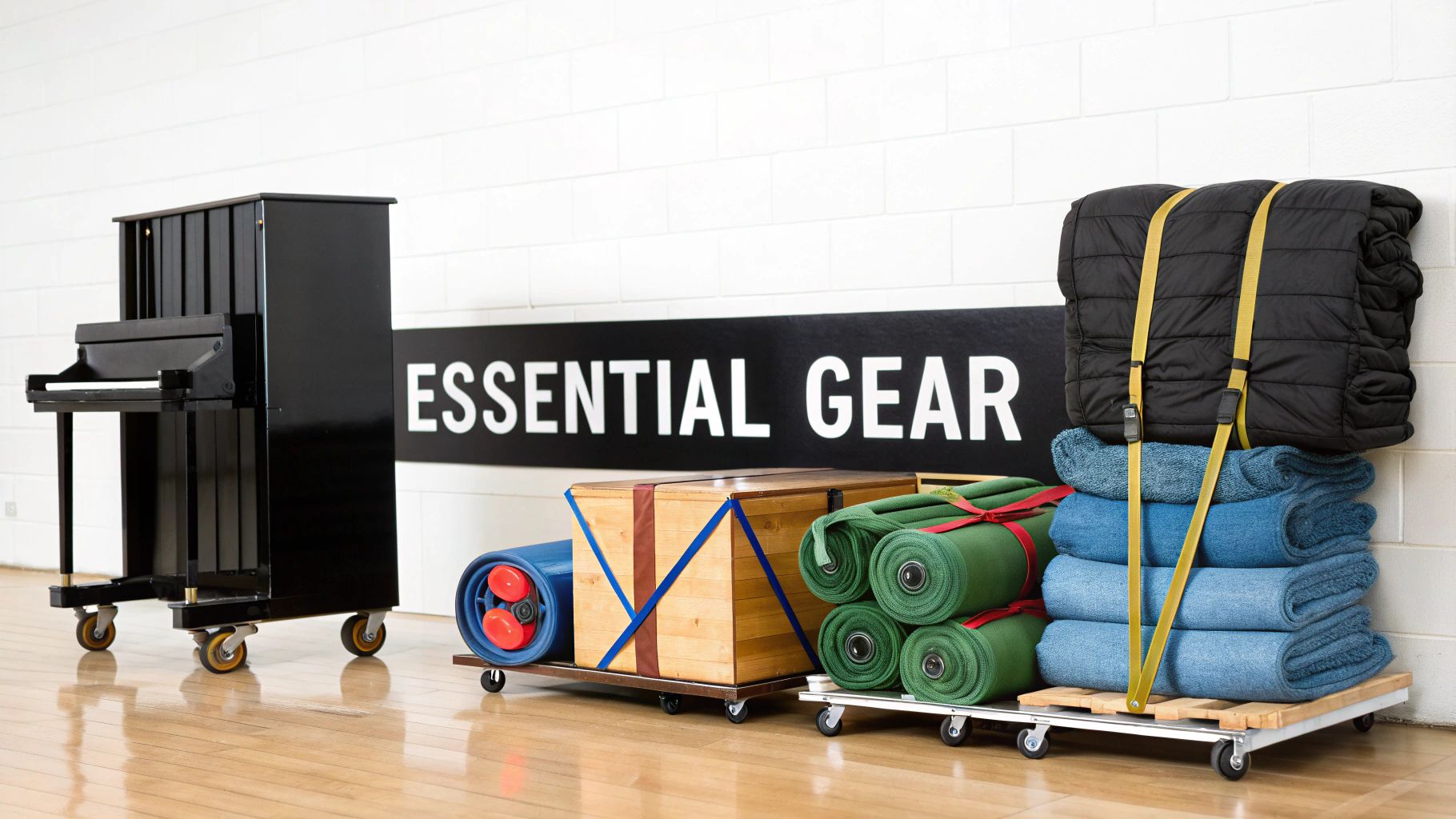 Essential gear, including a piano, rolled mats, and blankets, prepared on trolleys for moving.
