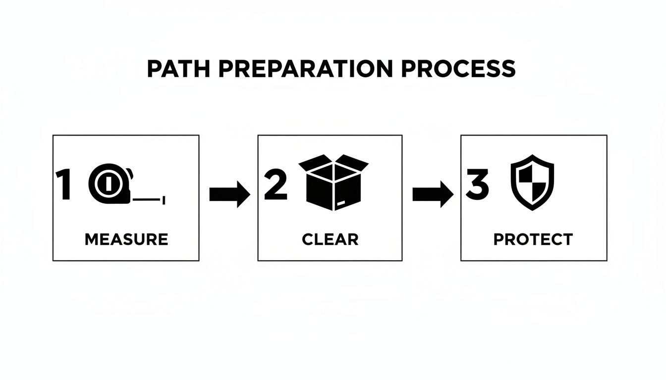 Diagram illustrating a three-step path preparation process: 1. Measure, 2. Clear, and 3. Protect.