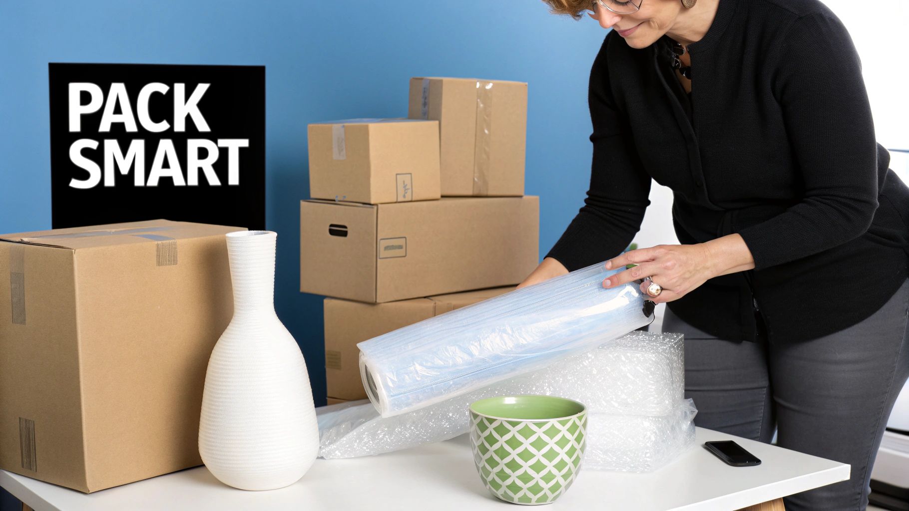 A person wrapping a fragile item carefully over a box filled with packing peanuts.