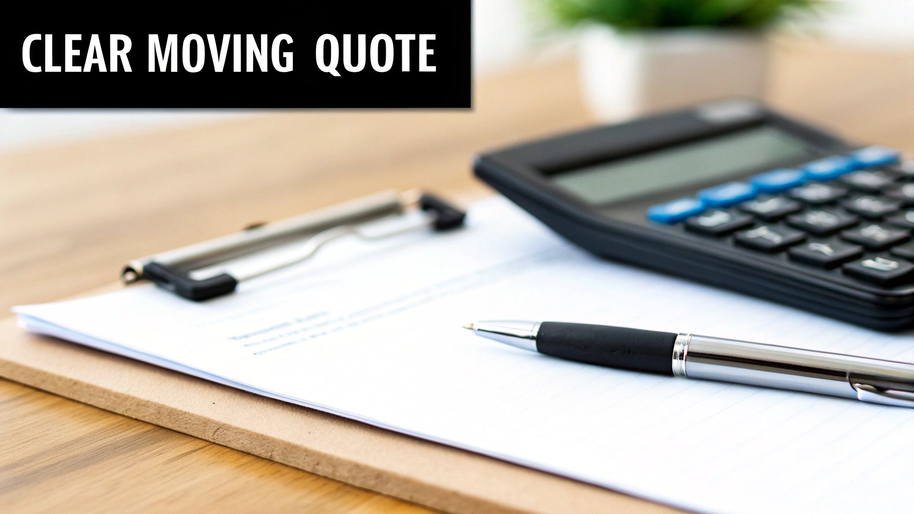 Calculator, pen, clipboard and documents on desk for clear moving quote estimation