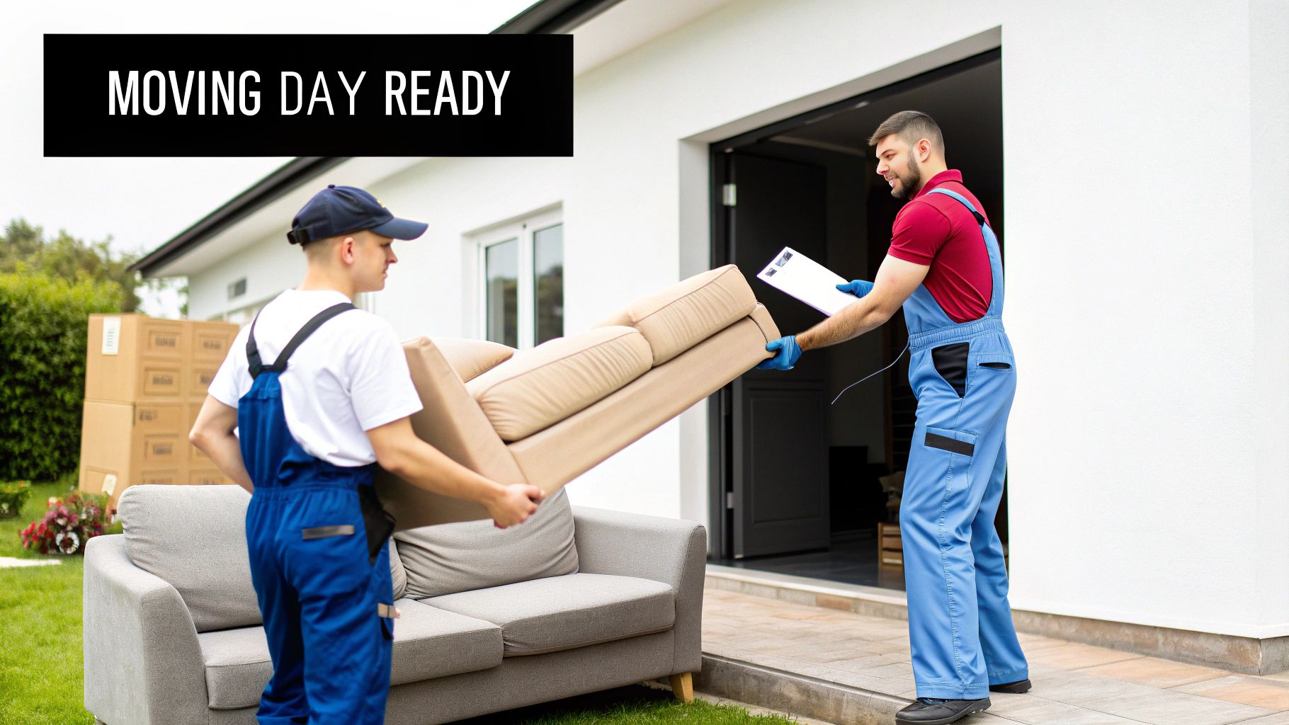 Professional movers in blue overalls carrying furniture and boxes on moving day
