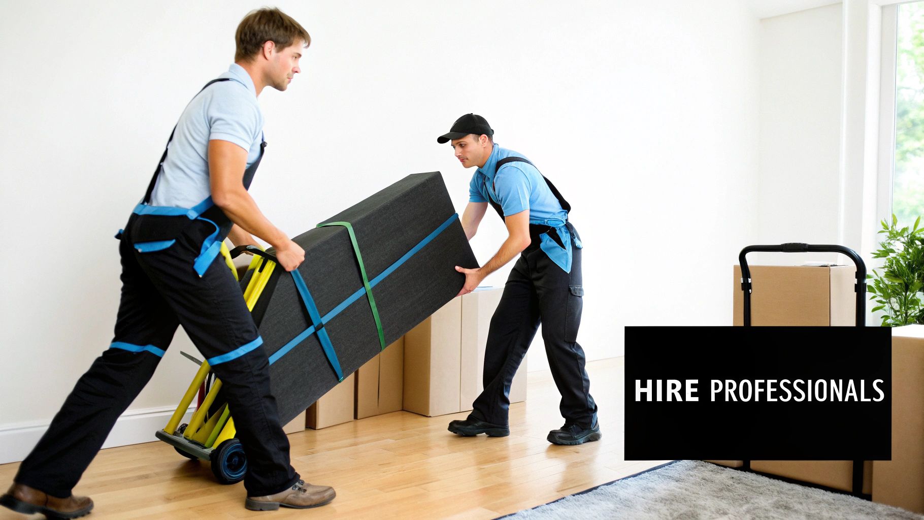 Two professional movers transport a large, strapped item with a hand truck in a bright room.