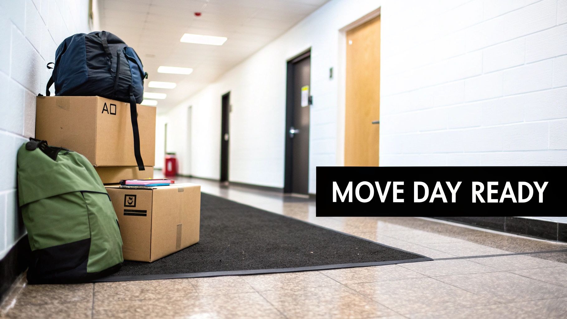 A well-prepared hallway with cleared pathways, floor protection, and neatly stacked moving boxes