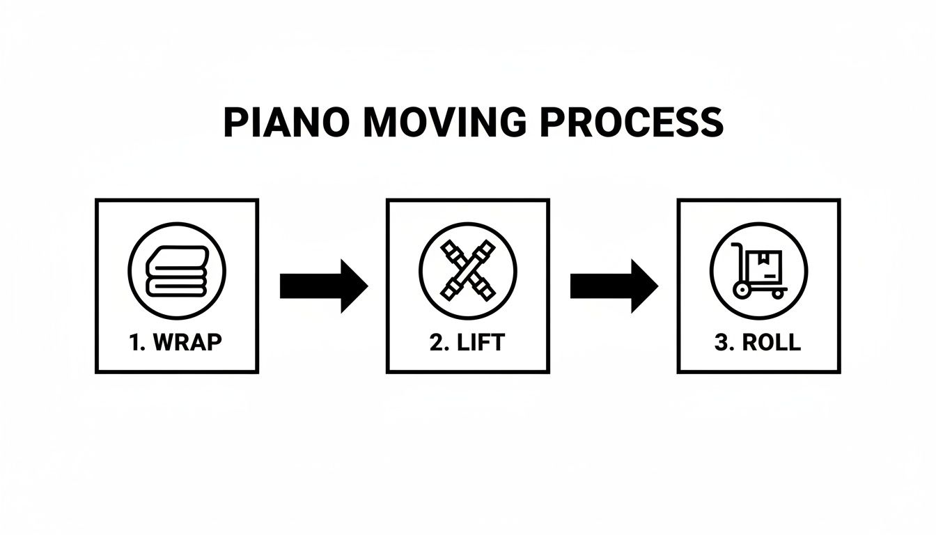 Diagram showing the three-step piano moving process: wrap with blankets, lift with straps, and roll with a dolly.